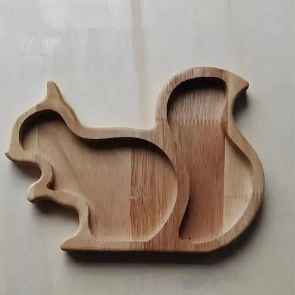 Wooden snack tray set featuring a squirrel, apple, acorn, and pear design